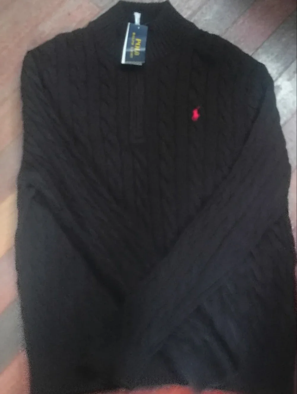 Polo by Ralph Lauren Black Cable-Knit Crewneck with Red Pony